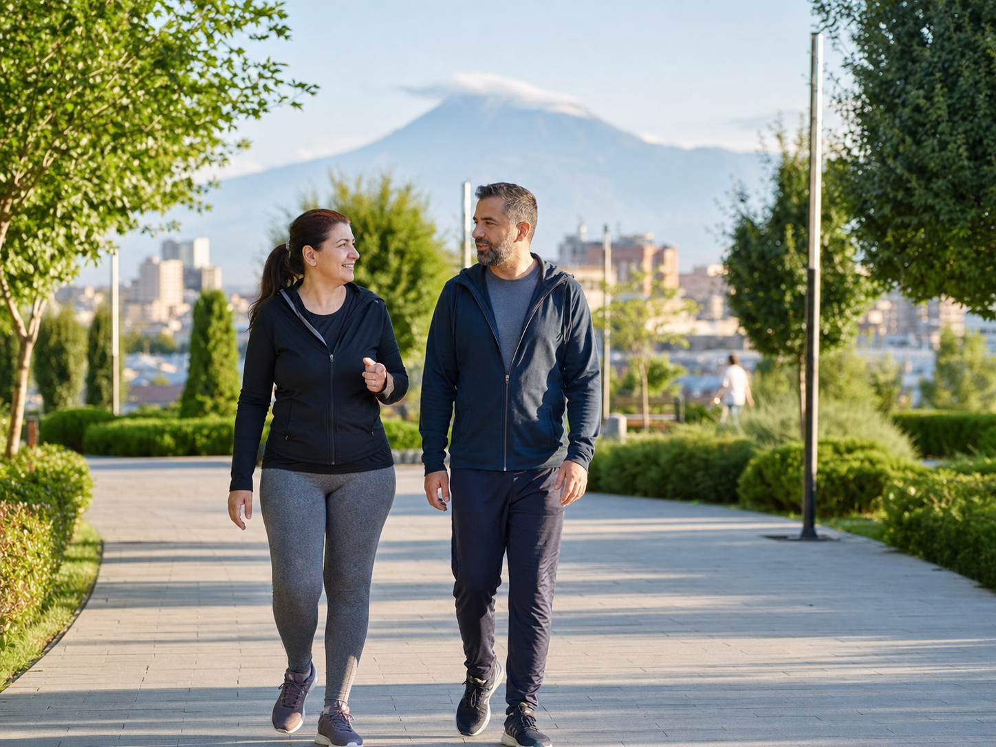 Personas caminando a paso ligero en un parque urbano
