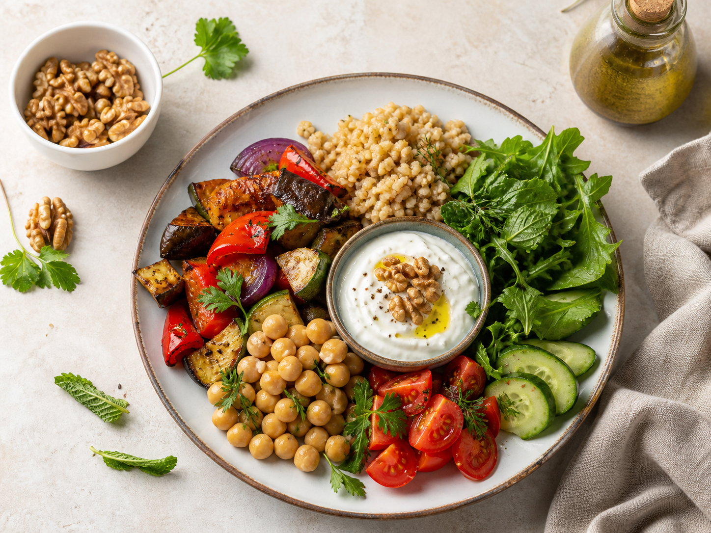 Plato saludable con verduras frescas, legumbres y proteínas de calidad