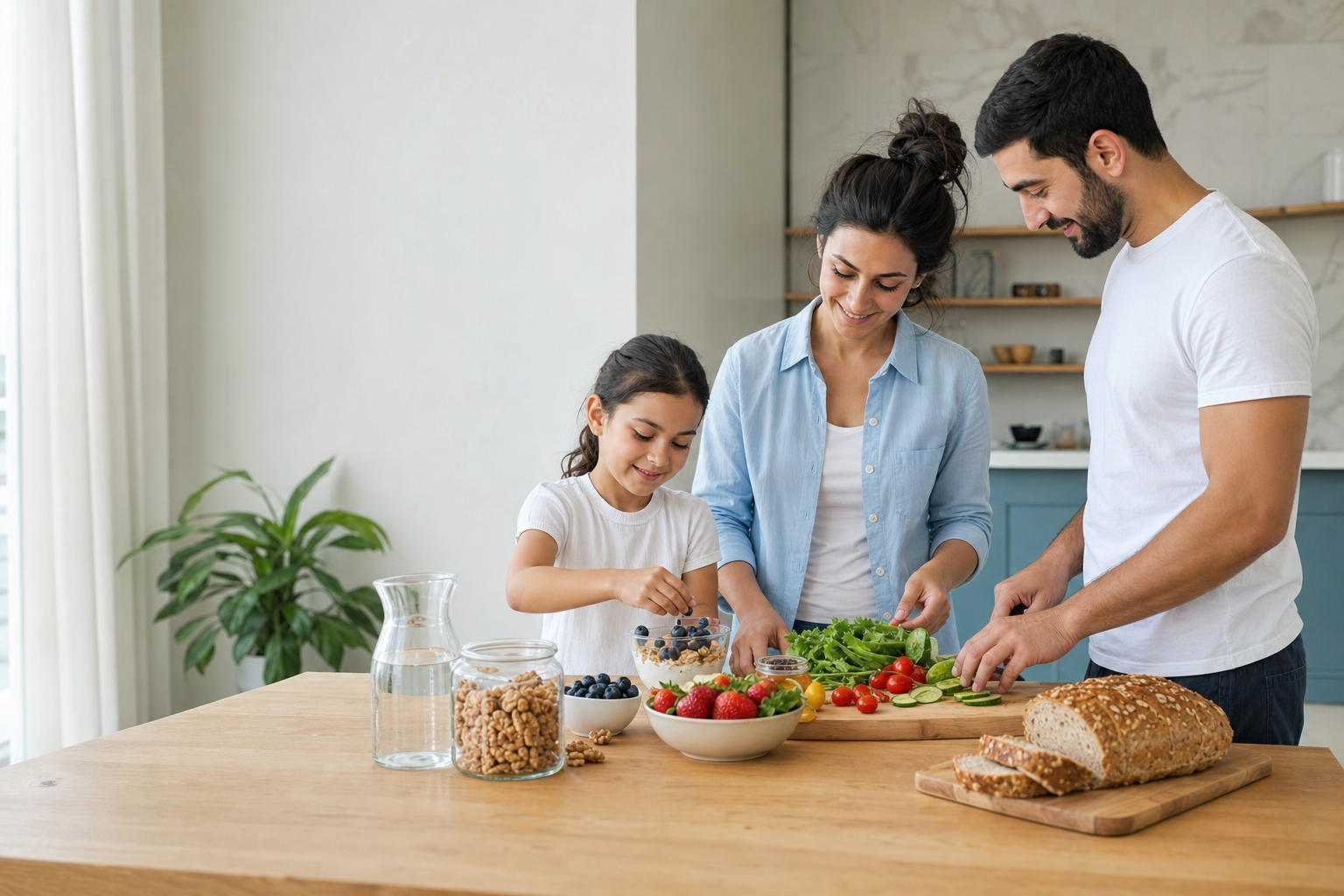 Familia preparando juntos un desayuno saludable en la cocina